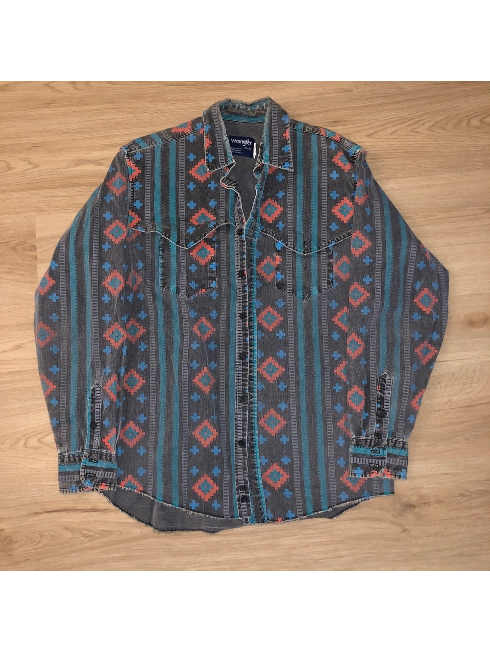 VINTAGE WRANGLER COWBOY CUT AZTEC GEOMETRIC BRUSHPOPPER XL LONG MENS 16 1/2-35